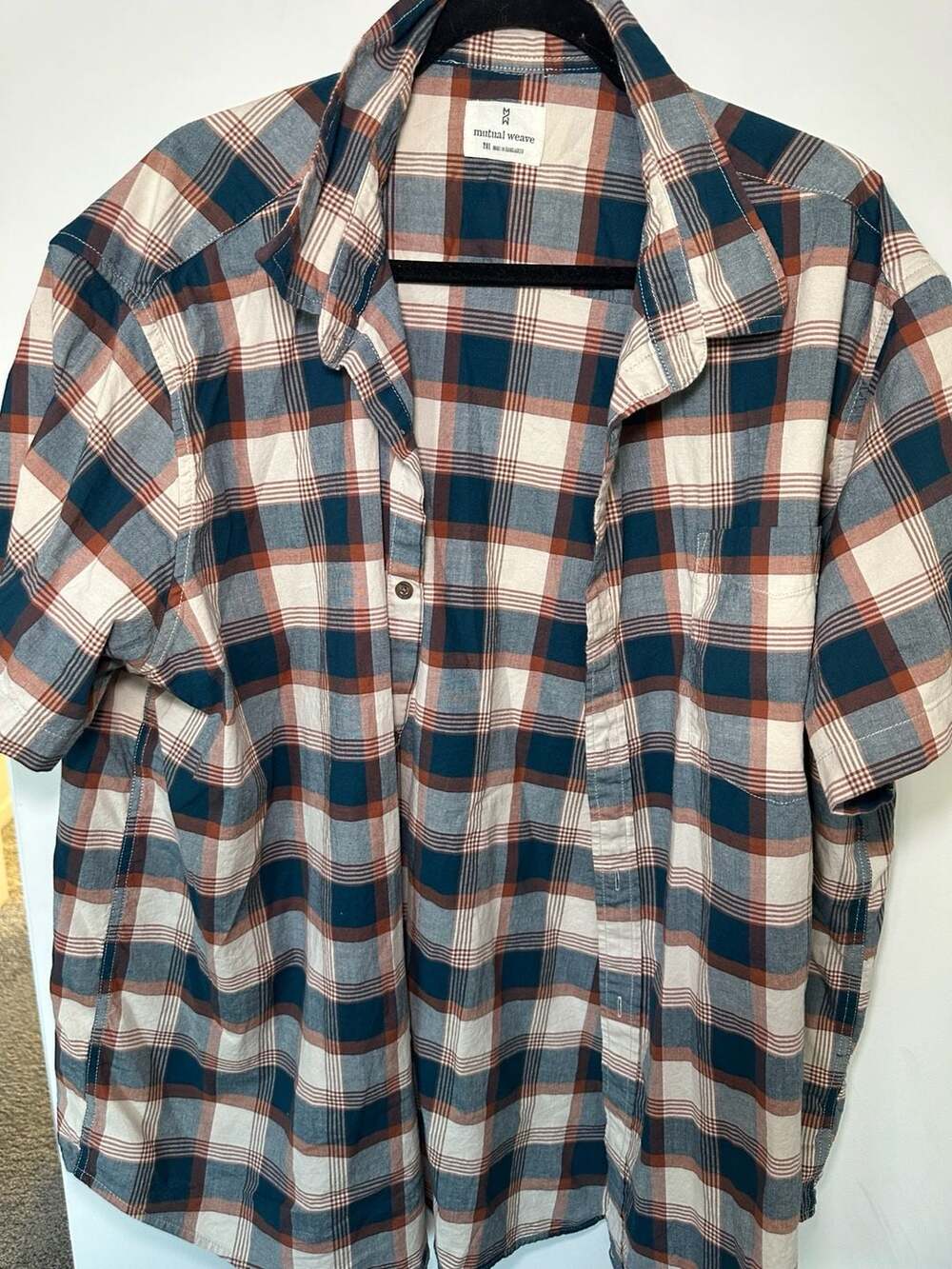 Mutual Weave Men's 2XL Short Sleeve Plaid Button Up Shirt Blue Orange Cream